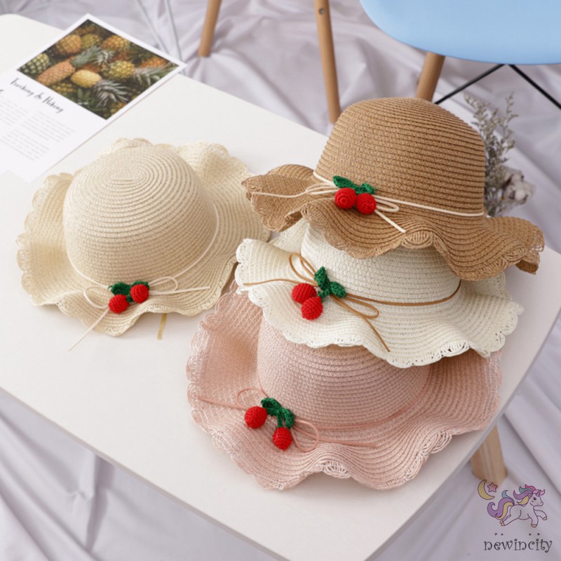 Mũ kèm túi đan rơm thiết kế đính quả cherry xinh xắn cho bé gái