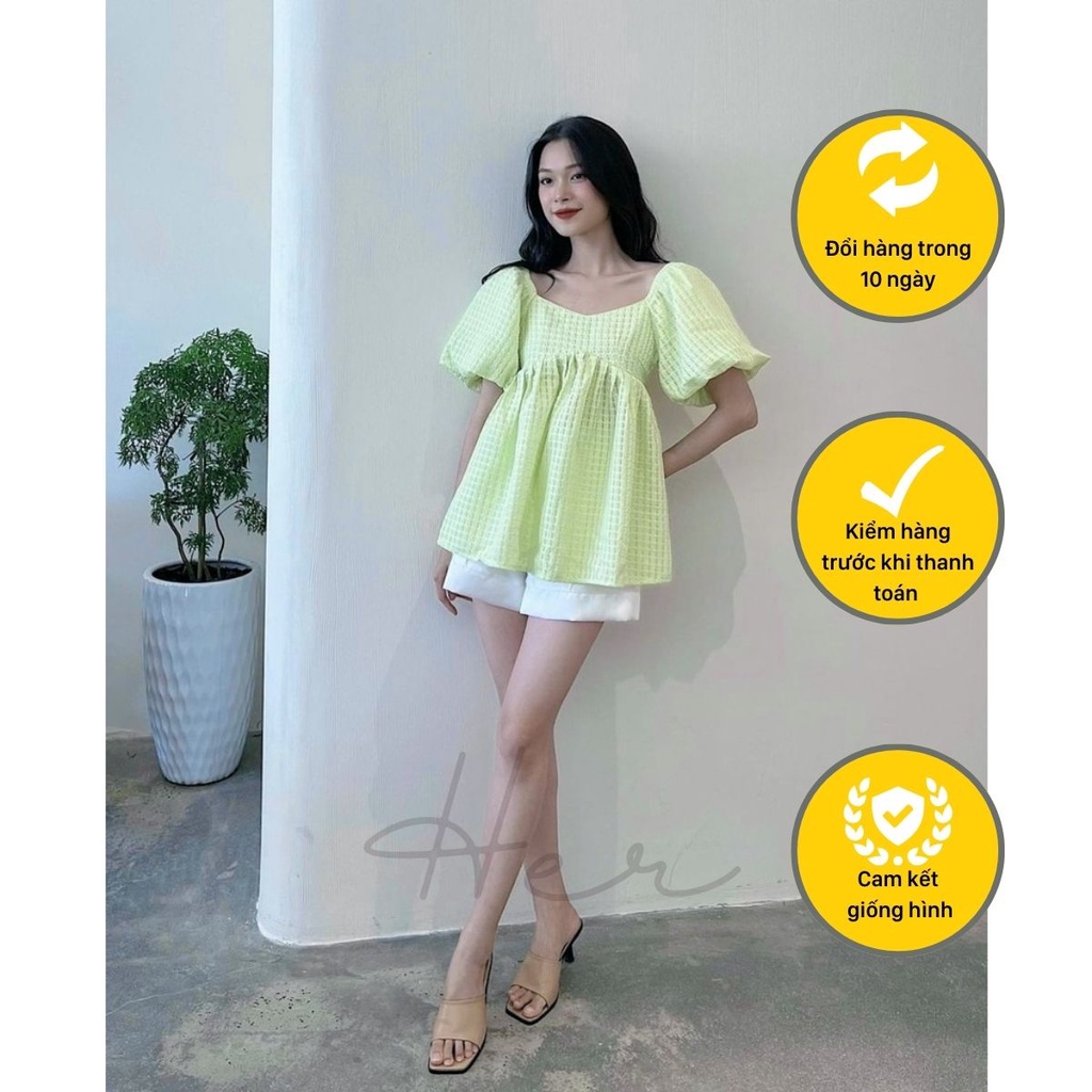 Set áo babydoll tay bồng nơ lưng xanh bơ mix quần short trắng năng động