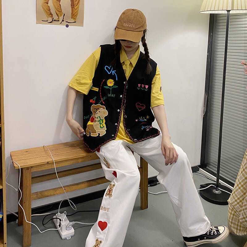 Áo Khoác Sát Nách Dáng Rộng Thêu Hình Gấu Và Hoa Phong Cách Hip Hop Thời Trang Cho Nữ | BigBuy360 - bigbuy360.vn