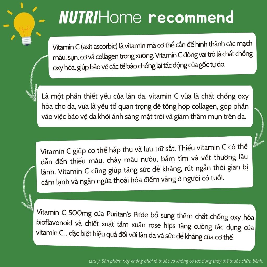 Viên uống đẹp da, tăng cường miễn dịch Vitamin C 500mg Puritan’s Pride ngừa viêm, giảm thâm mụn