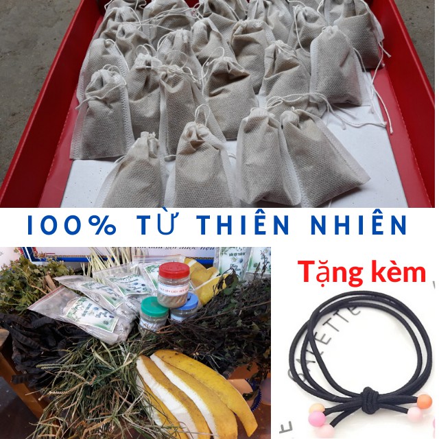 10 túi trà gội thảo dược được chiết xuất từ bồ kết, cỏ mần trầu, hương nhu, vỏ bưởi, sả, cây ngũ sắc.