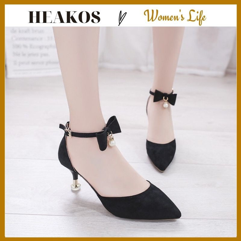 Giày búp bê nữ cao gót 5 phân phối nơ đẹp điệu HEAKOS, Giày cao gót 5 cm da Lộn mềm mịn (BH KEO 1 NĂM)
