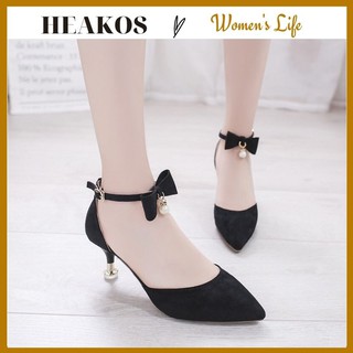 Giày búp bê nữ cao gót 5 phân phối nơ đẹp điệu HEAKOS, Giày cao gót 5 cm da Lộn mềm mịn (BH KEO 1 NĂM) HEAKOS