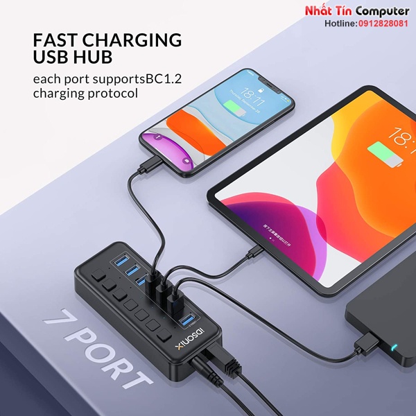 Hub chia USB 3.0 ra 7 cổng hỗ trợ 5Gbps iDsonix IBU3-7A-US-BK cao cấp kèm nguồn 12v/2a
