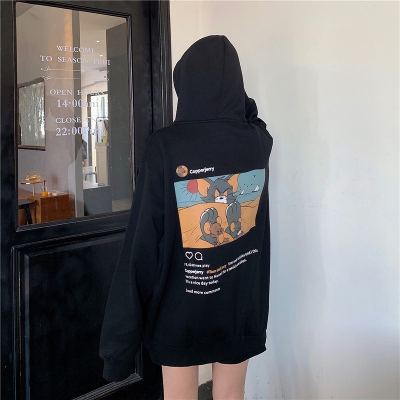 ZHELIHANGFEI  Áo Hoodie Dáng Rộng In Họa Tiết Hoạt Hình Xinh Xắn