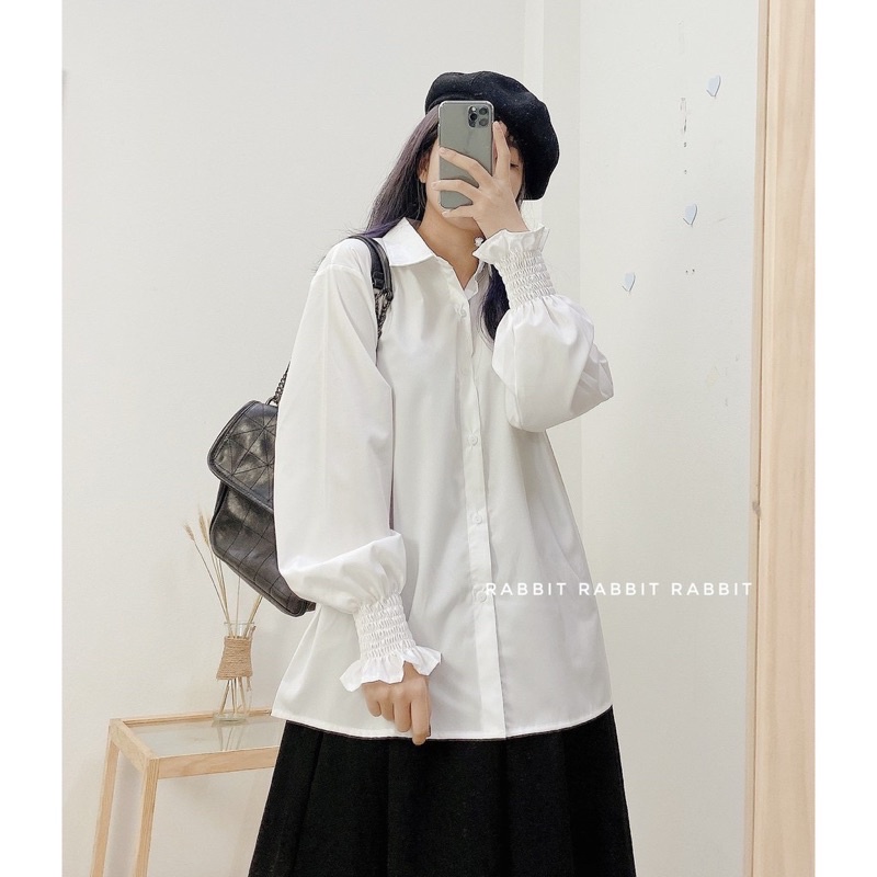 Áo bầu sơ mi nữ dài tay bo nhún cổ tay vải lụa trắng cổ bẻ form rộng SM14