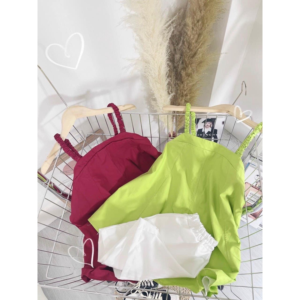 Sét áo 2 dây xòe chữ A kèm quần short trắng chất thô mềm về màu cốm, đỏ phong cách ulzzang hàn quốc