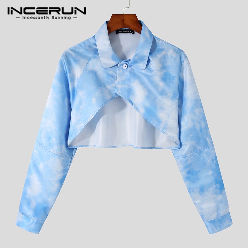 Áo sơ mi croptop INCERUN tay dài màu xanh nhuộm thời trang cho nam