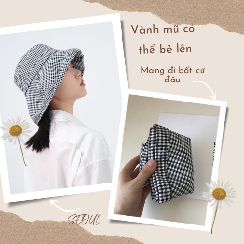 Nón rộng vành chống tia UV họa tiết kẻ caro, mũ đi biển phong cách Hàn Quốc R6