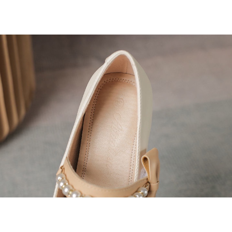 Giày Búp Bê Nữ Đế Cao 3 Phân Bít Mũi Mũi Vuông Đính Nơ Quai Ngang