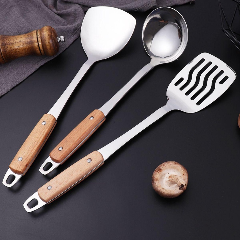 Muỗng Nấu Ăn Bằng Thép Không Gỉ Tay Cầm Bằng Gỗ Chịu Nhiệt