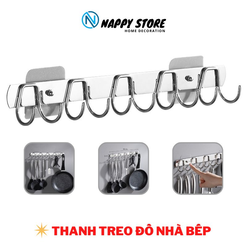 Giá Móc Treo Quần Áo Inox 10 Móc Dán Tường Treo Đồ Nhà Tắm Nhà Bếp Đa Năng