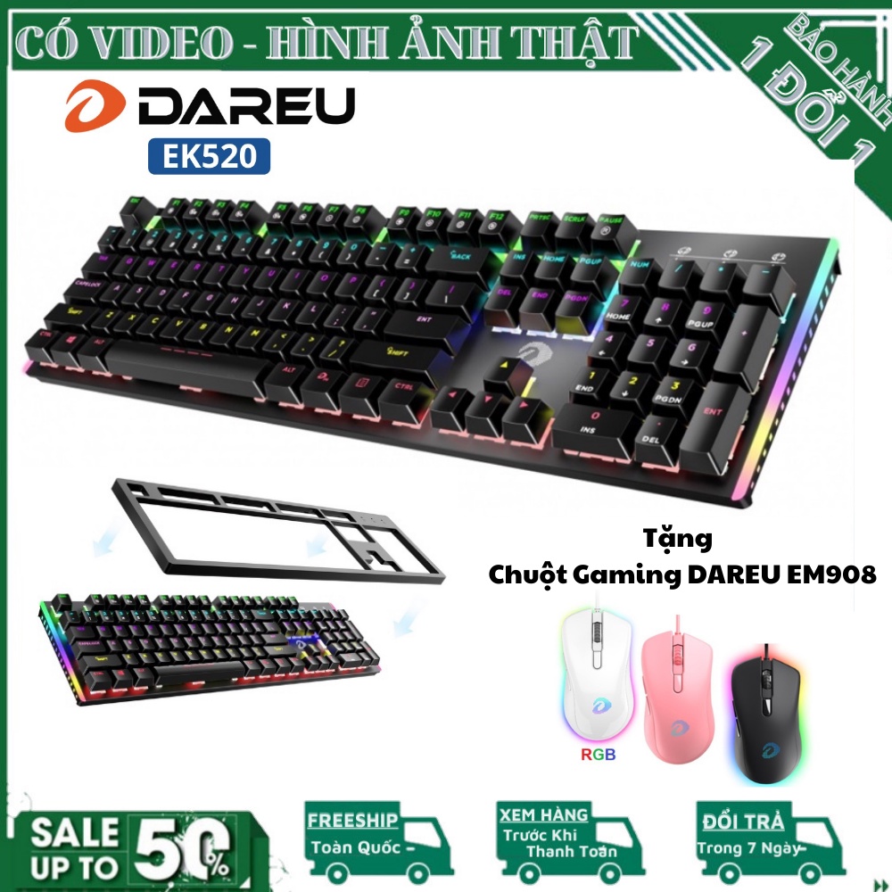 Bàn phím quang cơ Gaming DAREU EK520  Tặng kèm Chuột Gaming DAREU EM908 màu đen LED 7 màu phát sáng trong đêm bh 12tháng