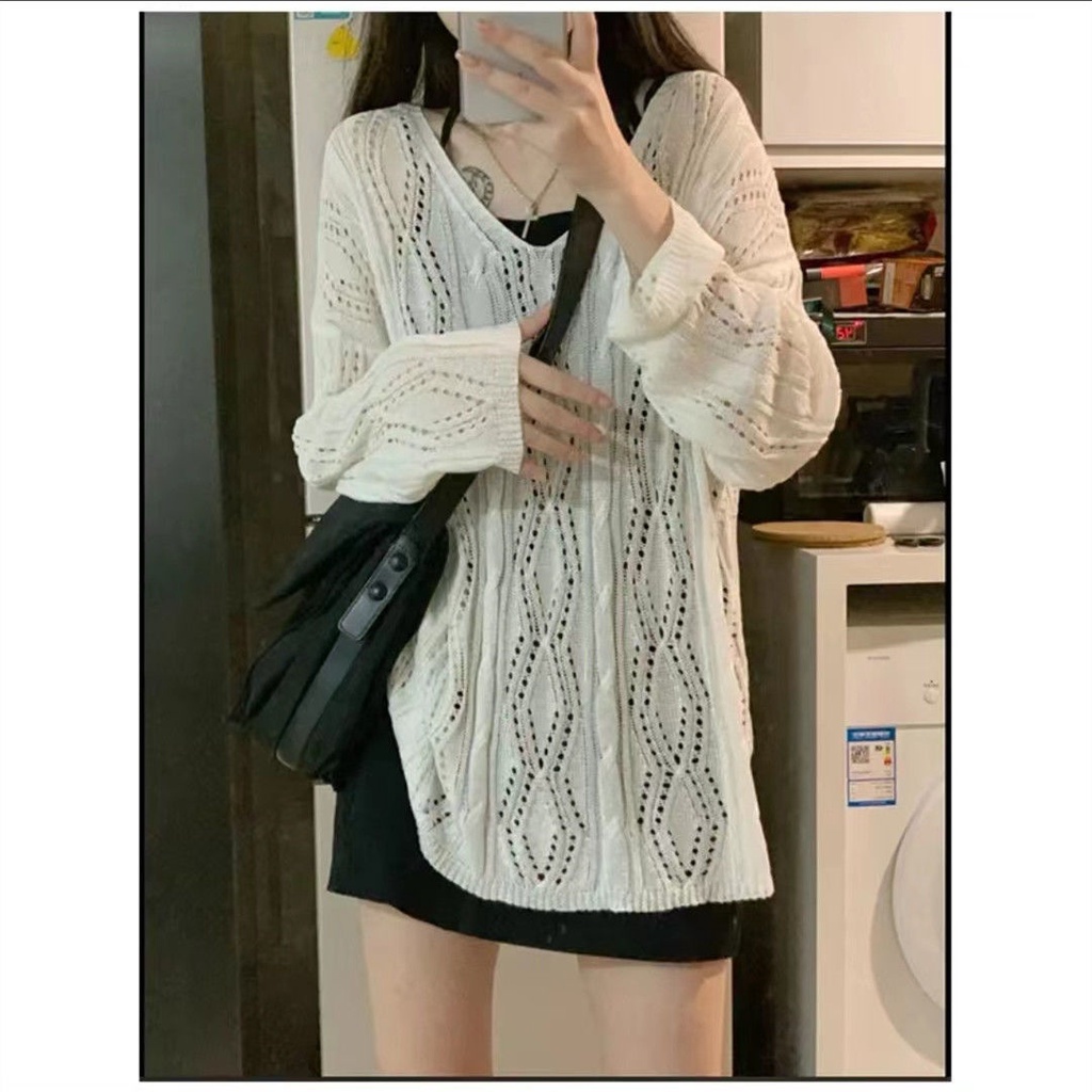Áo Dệt Kim Tay Dài Dáng Rộng Cổ Chữ V Hở Lưng Thời Trang Cho Nữ