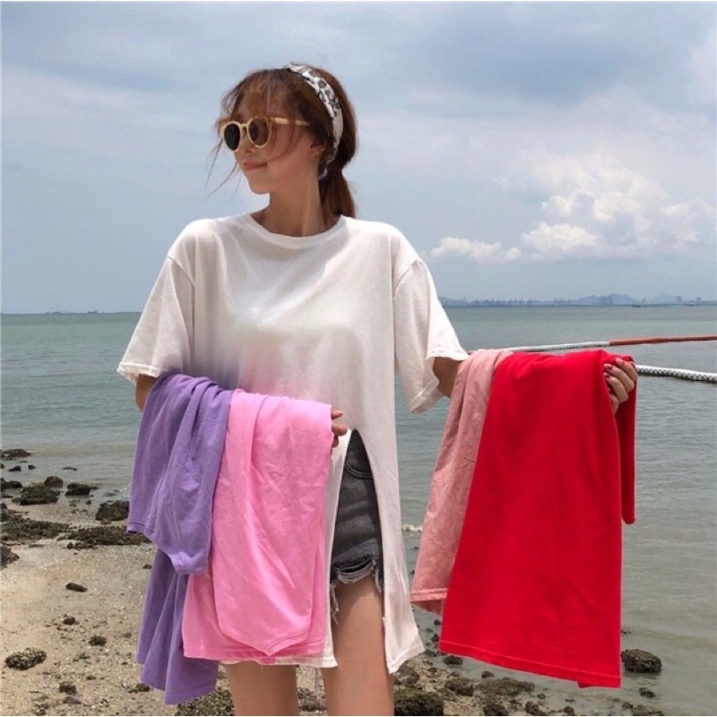 ÁO THUN FORM RỘNG CỔ TRÒN TAY LỠ DÀI KIỂU DÁNG ÁO XẺ TÀ TRẮNG UNISEX HOT