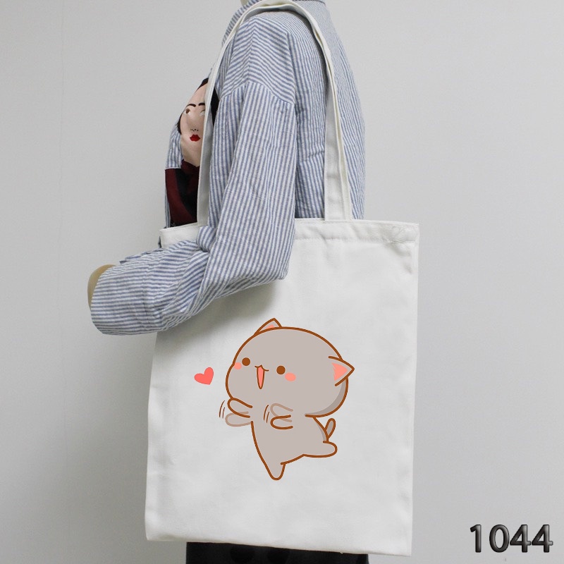 Túi Tote Vải Canvas Mềm Đeo Vai Đi Học Đi Du Lịch 1044 In Họa Tiết Kawai Thả Tim Hàng May Công Ty Chuẩn Đẹp