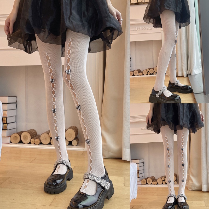 Xiangbao Quần Tất Lưới Rỗng Đính Nơ Kẻ Sọc Caro Trái Tim Khoét Rỗng Trước Ngọt Ngào Phong Cách Lolita Nhật Bản