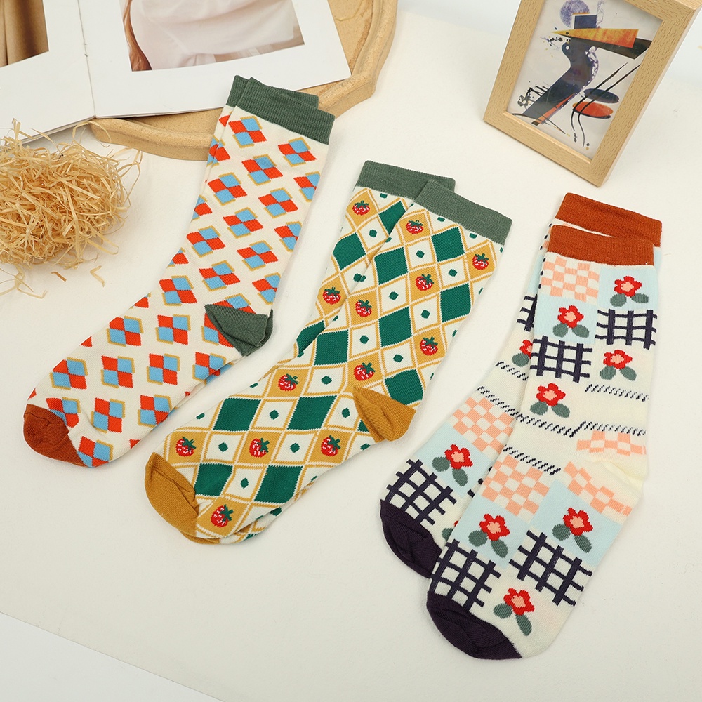 Vớ cotton mềm mại thoáng khí thêu họa tiết hoa hướng dương phong cách Pháp thời trang thu đông cho nữ