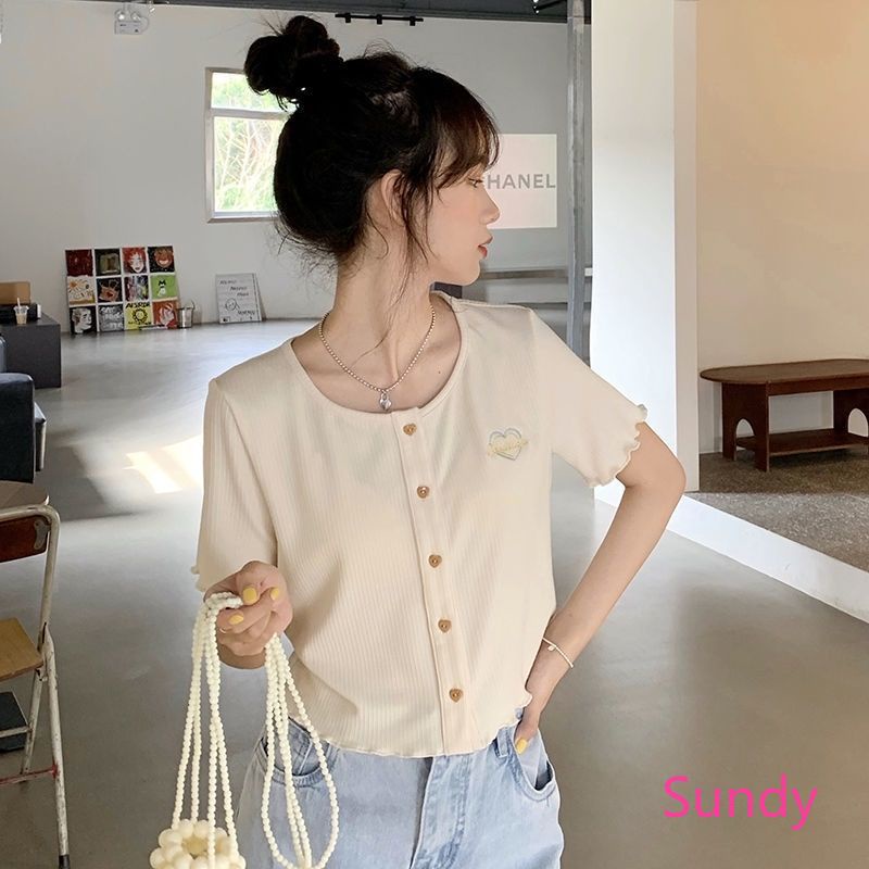 Áo Kiểu Cổ Tròn Dáng Rộng Thêu Họa Tiết Thời Trang Mùa Hè Hàn Quốc Cho Nữ