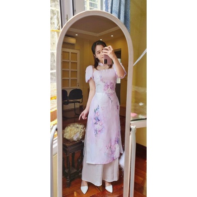 Áo dài cách tân tơ óng mềm 4 tà hoạ tiết cô tiên thiết kế tay bồng điệu đà tiểu thư