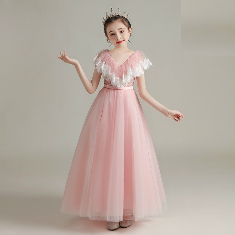 Váy công chúa bé gái thiết kế cao cấp cho bé đi dự tiệc phù dâu hồng ren bồng trắng tùng dài phồng xòe DBG062