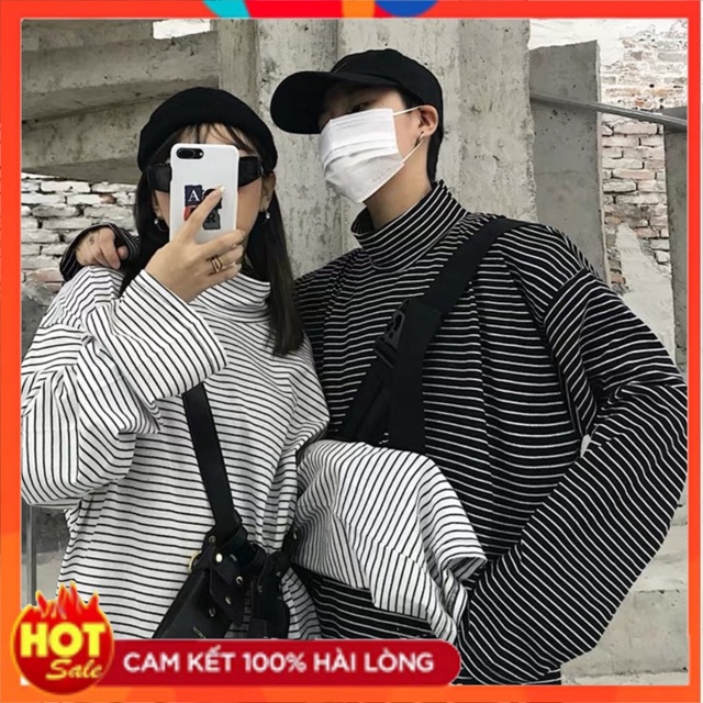 [Unisex] Áo thun cổ lọ unisex ống rộng kẻ sọc ullzang big size 75kg | BigBuy360 - bigbuy360.vn