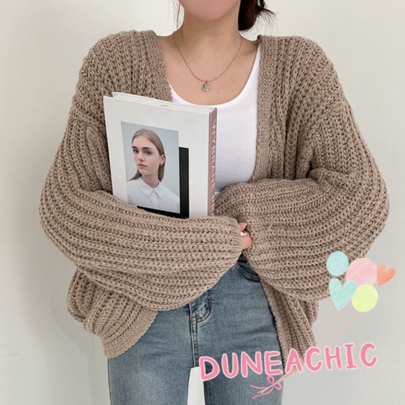 DUNEA Áo khoác len tay phồng cổ chữ V dáng rộng xinh xắn phong cách Hàn Quốc thời trang dành cho nữ