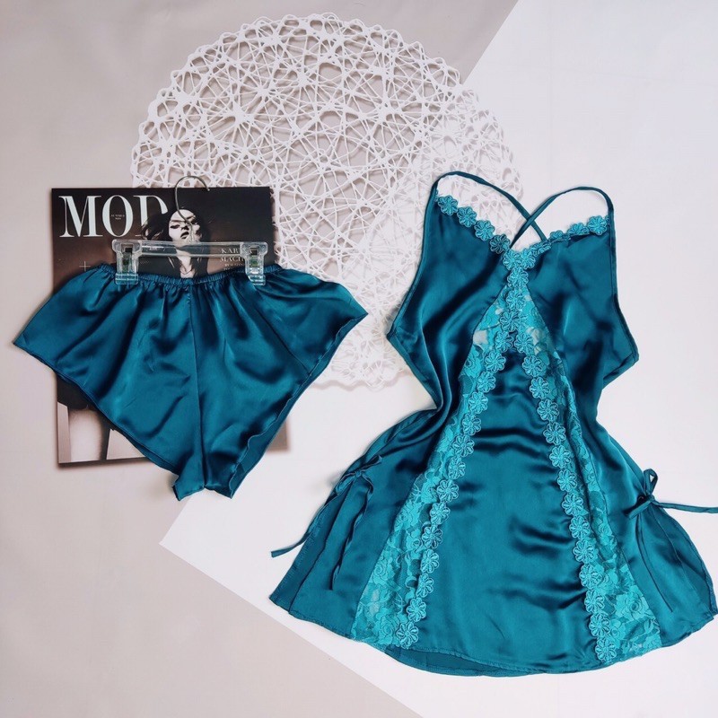Váy ngủ 2 dây phối ren, kiểu sexy kèm quần, kiểu dáng gợi cảm, chất lụa đẹp, phom dưới 55kg- theo chiều cao | BigBuy360 - bigbuy360.vn