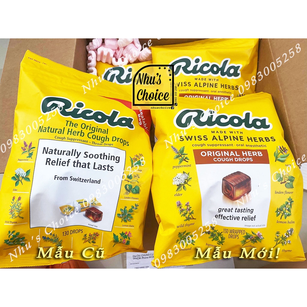Kẹo thảo mộc Ricola, vị Nguyên gốc 130v/ Chanh Bạc hà 105v - Original 130ct/ Lemon Mint 105ct
