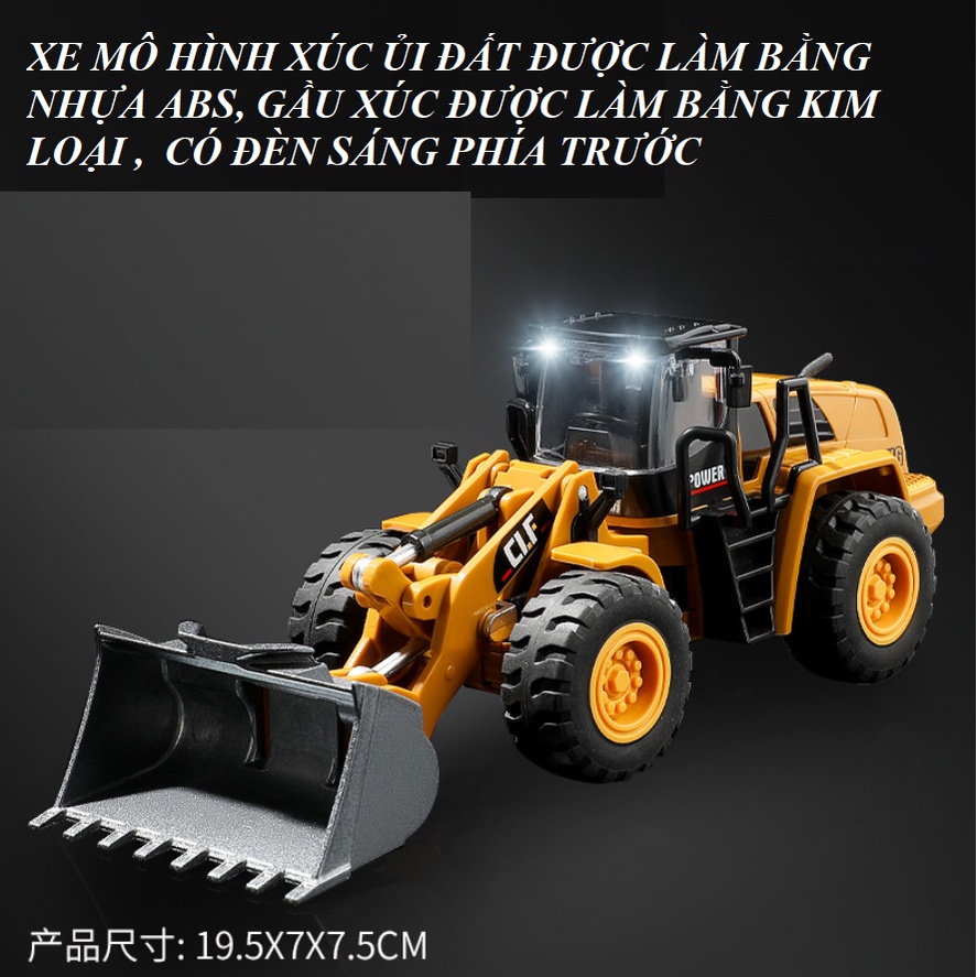 Mô hình xe xúc ủi đất đồ chơi trẻ em - Xe có gầu xúc kim loại có đèn sáng tỉ lệ 1:50
