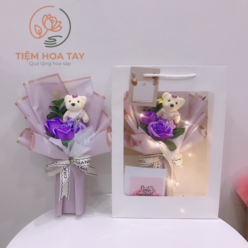 Set quà 8/3 hoa gấu bông mix hoa sáp kèm kẹo socola