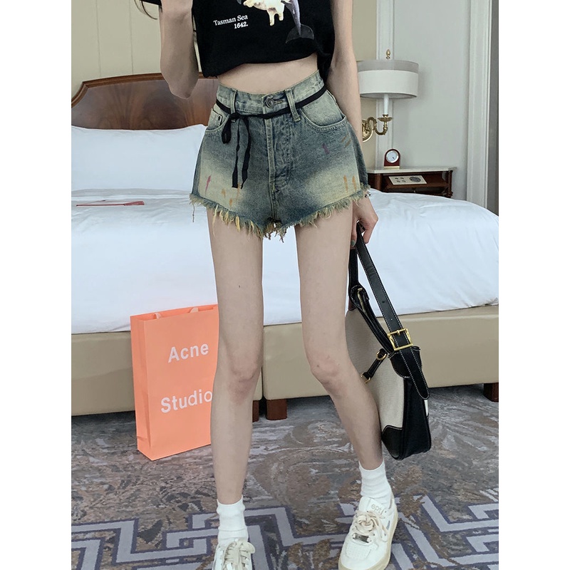 Quần Short Jeans Lưng Cao Ống Rộng Thời Trang Retro Cho Nữ