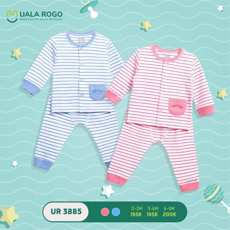 Bộ q.a sơ sinh nỉ mỏng thu đông trơn phối kẻ cao cấp bé trai bé gái Uala Lapomme 3885