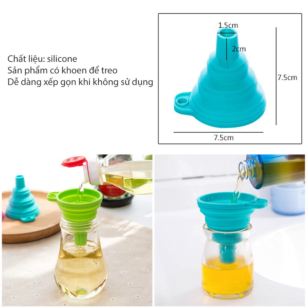 Phễu silicone dùng chiết suất rượu vào chai nhỏ, phễu rót nước chấm có thể xếp gọn tiện dụng (PHEU-SILICON)