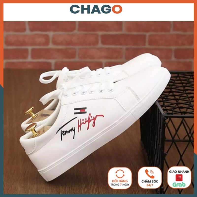 Giày thể thao sneaker đơn giản màu trắng có in chữ đỏ đen phong cách trẻ trung giày dép nam Chago GTT105