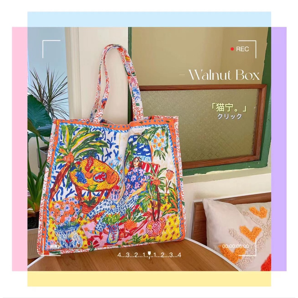 Túi Xách Canvas Hai Mặt In Họa Tiết Hoa Thời Trang Cho Nữ