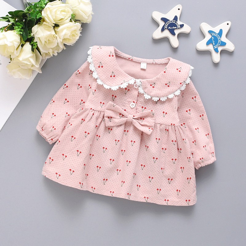 Đầm Tay Dài In Hình Quả Cherry Phong Cách Đáng Yêu Dành Cho Bé Gái