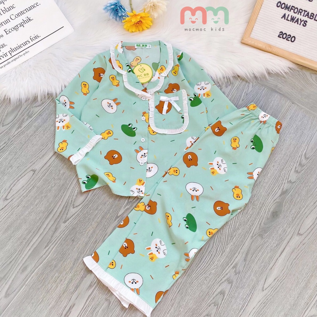 Đồ ngủ pijama bé gái dài tay lụa cao cấp mềm mát thoải mái thấm hút tốt cho bé 10kg đến 26kg