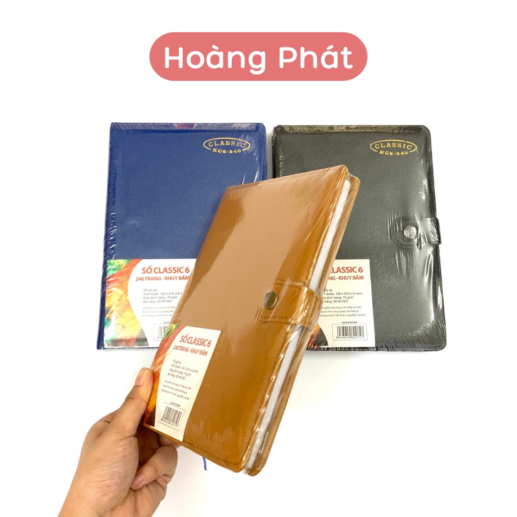 Sổ Bìa Da Chống ướcN Classic 240 Trang Khuy Bấm, Sổ Cầm Tay Hải Tiến Chính Hãng Kẻ Ngang Cài Bấm, Bấm Nút Hoàng Phát