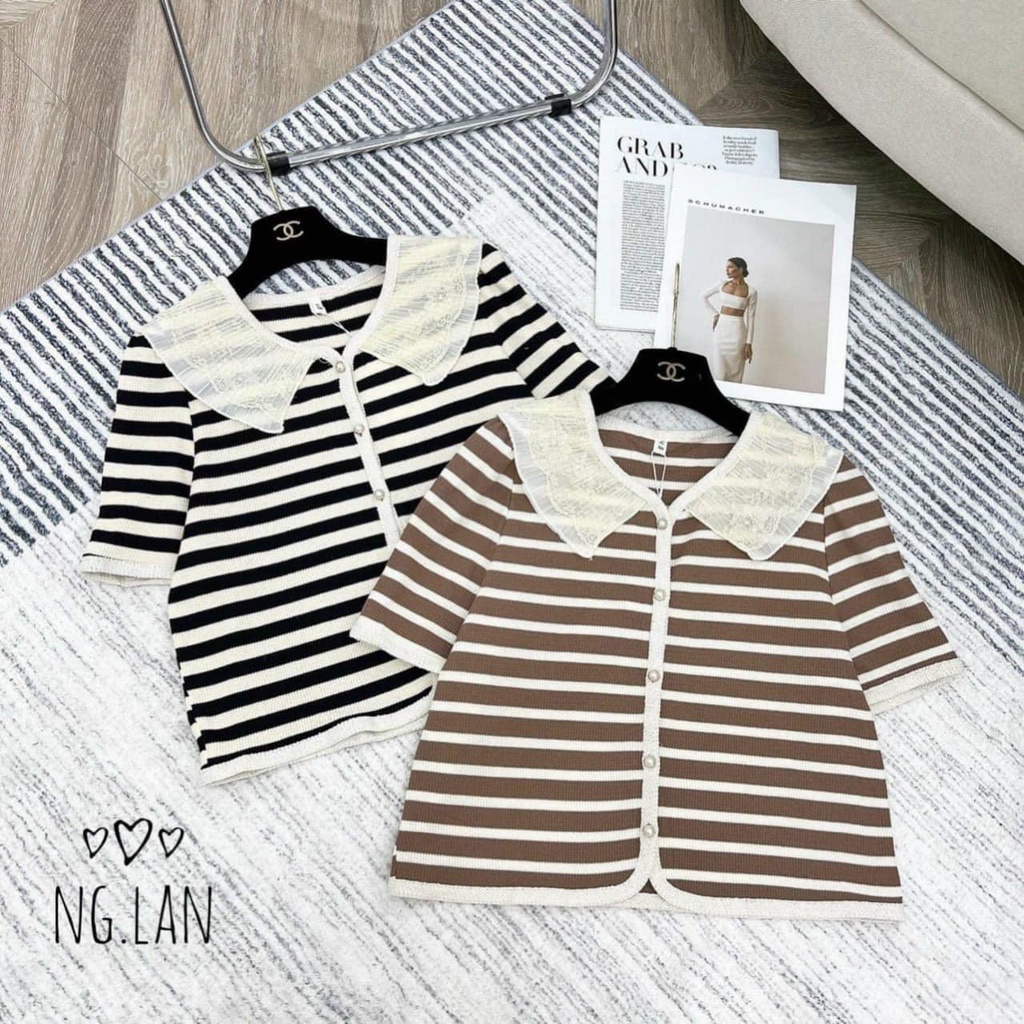 ÁO LEN KẺ PHỐI VIỀN REN