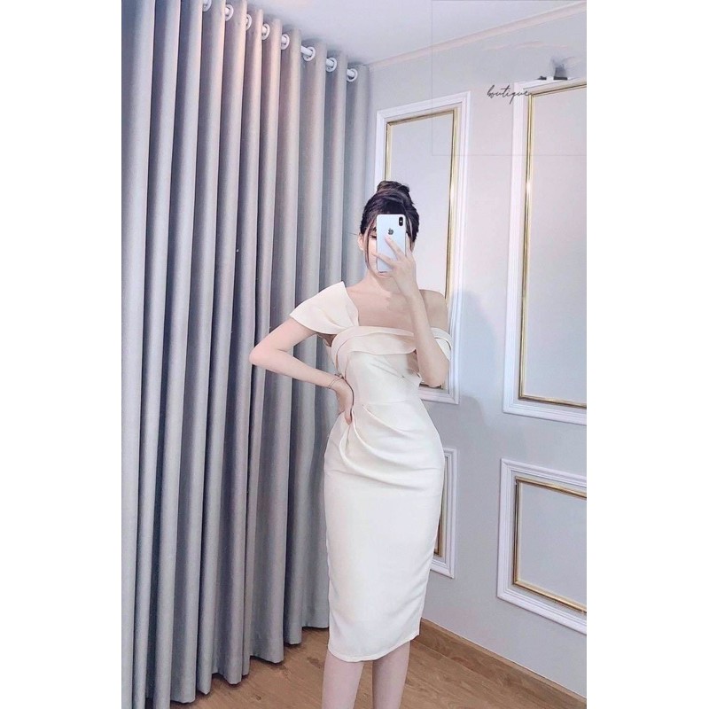 Đầm suông dự tiệc, đầm dạ hội sang trọng màu trắng, be size L