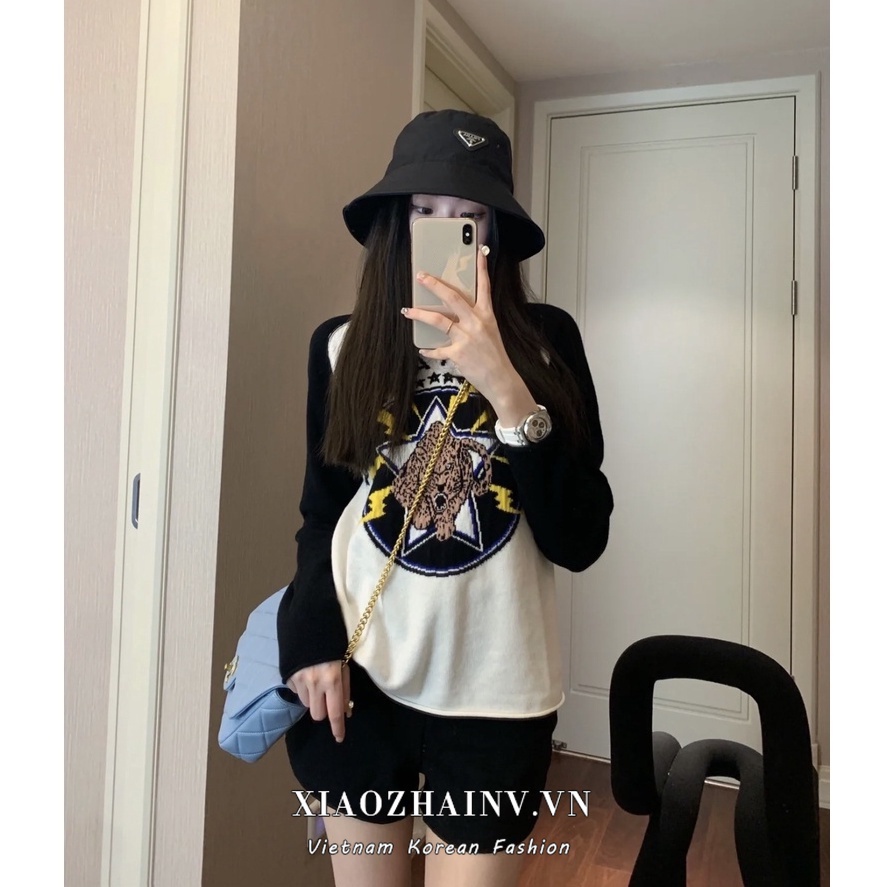 Áo sweater dệt kim Xiaozhainv tay dài in họa tiết xinh xắn thời trang cho nữ