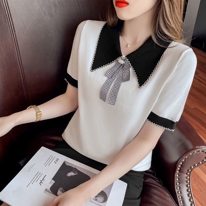 【ZHELIHANGFEI】Áo Thun Dệt Kim Tay Ngắn Cổ Búp Bê Thắt Nơ Xinh Xắn Hợp Thời Trang