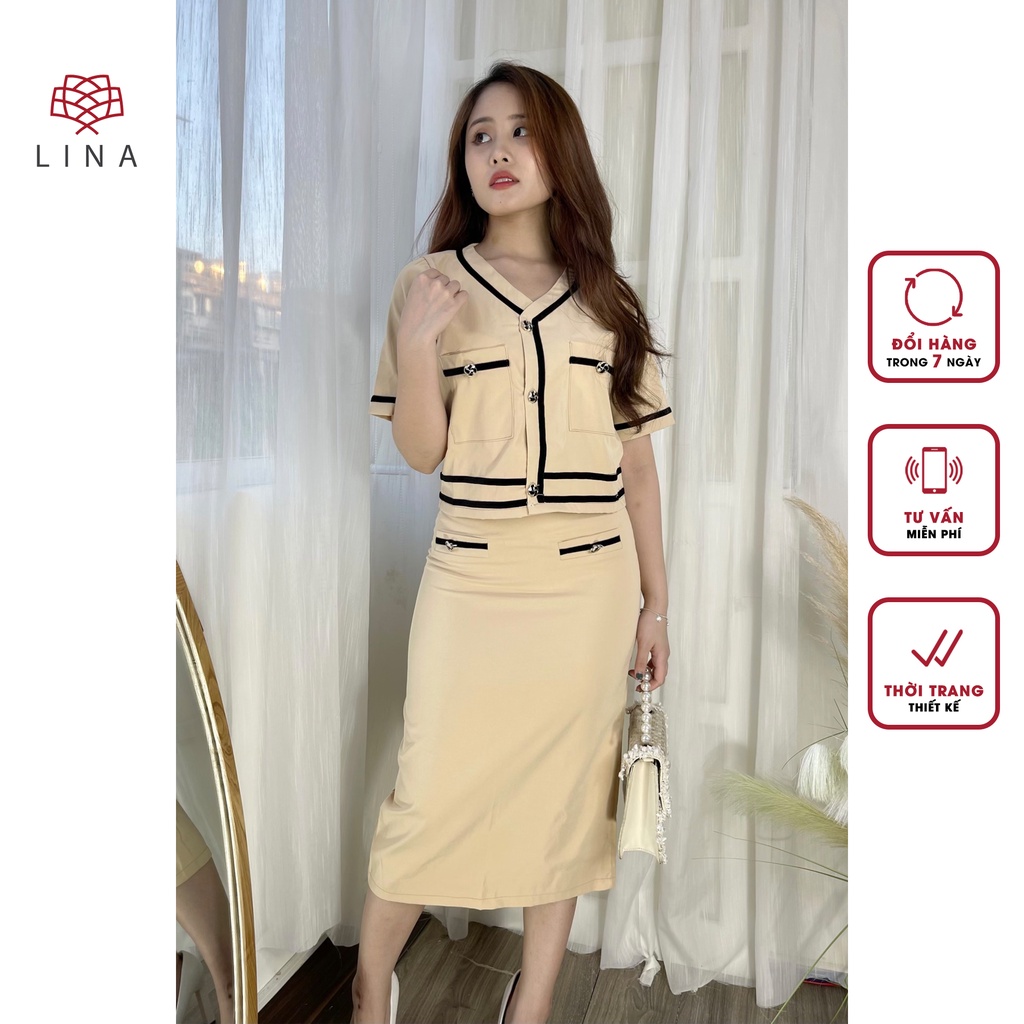 SET Croptop LINA giả Vest kiểu dáng tiểu thư màu be thanh lịch, chất liệu trượt Hàn cao cấp | BigBuy360 - bigbuy360.vn