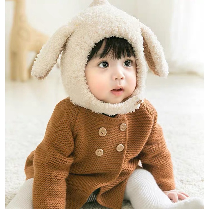 Mũ Lông Cừu Tai Thỏ Trùm Đầu Cho Bé Trai, Bé Gái 1-4Y Siêu Xinh, Chất Len Mềm Mịn Giữ Ấm Tốt