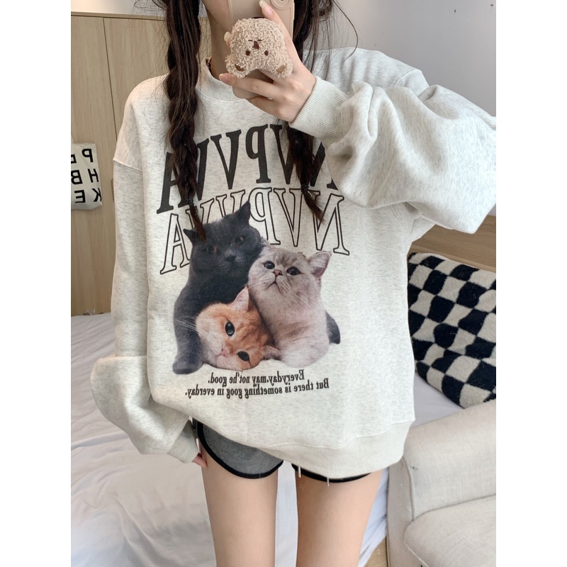 Áo Sweater Cổ Tròn Tay Dài Dáng Rộng In Họa Tiết Kiểu Retro Mỹ Xinh Xắn Cho Nữ
