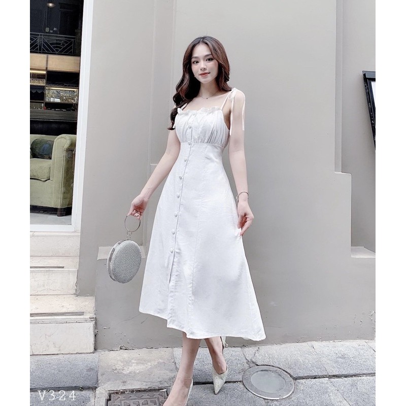 Đầm váy 2 dây maxi nút bọc thanh lịch đi biển/ đi tiệc có mút ngực