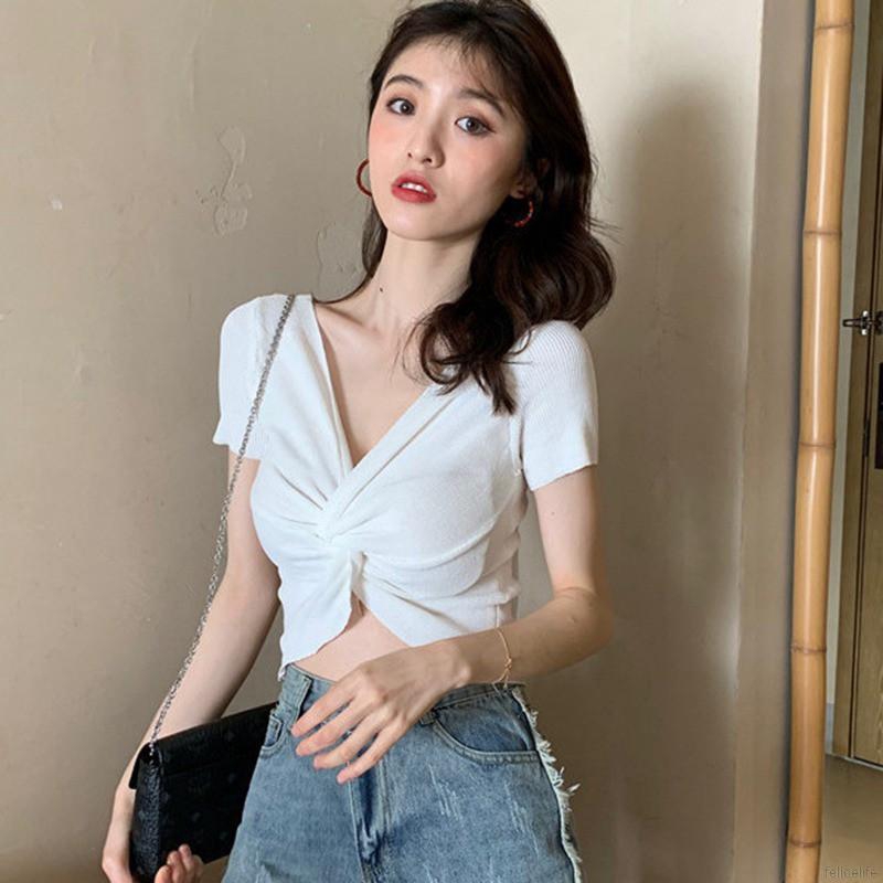 Áo Croptop dệt kim tay ngắn thiết kế cổ chữ V quyến rũ cho phái nữ