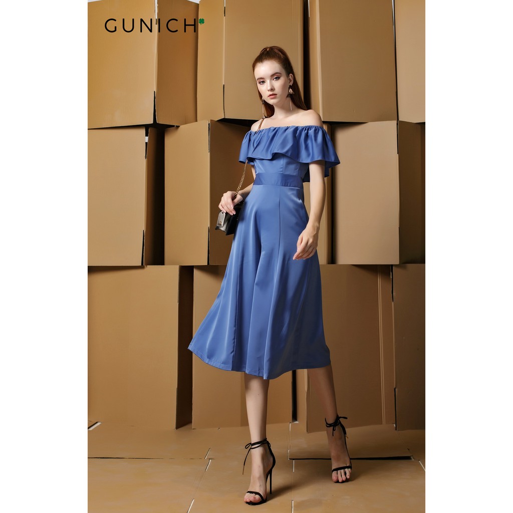 Jumpsuit trễ vai xanh bèo nhún Gunich