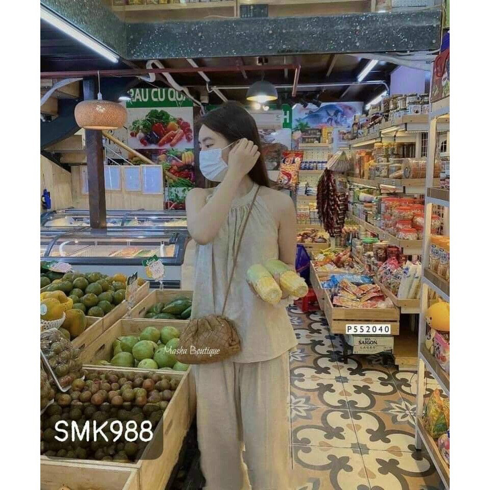 Set Bộ Áo Cổ Yếm Form Xòe Và Quần Dài Chất Liệu Đũi Nhăn ROSE FASHION